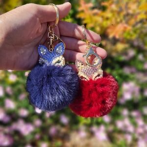 Red and Blue Pom Pom Keychain with Rhinestone Accents